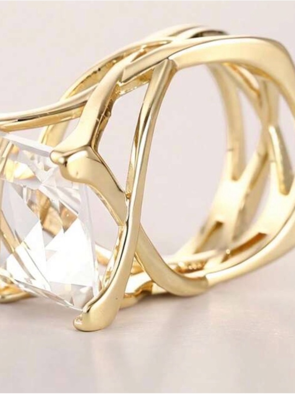 Gold-Tone Statement Ring with Clear Crystal - Women Jewelry